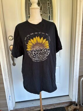 Black Graphic Tee with Yellow Sunflower Mental Health Design